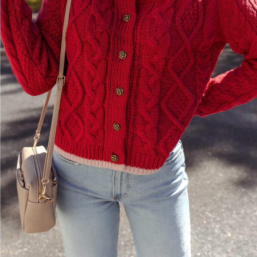 Hazel blues Elegant Red Cable Knit Cardigan - Picture 3 of 9